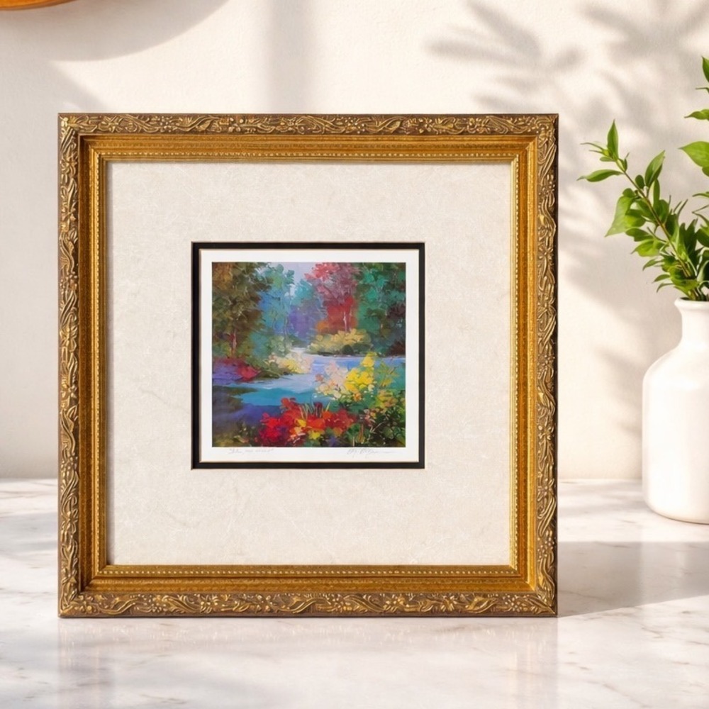 Alix Stefan Blue Woods Framed Landscape Print Gold Ornate Frame 12x12 Art Signed